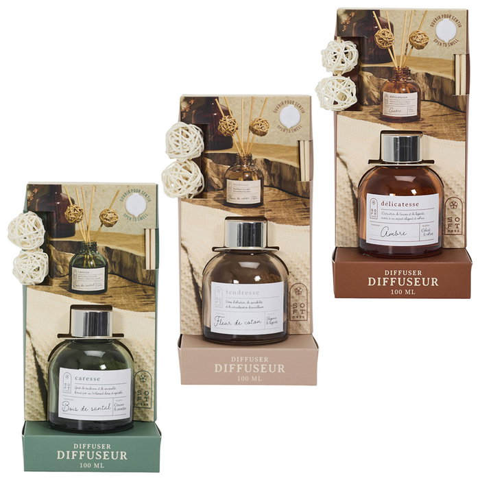 Home Deco Factory Difusor Aromático Cocooning 100 ml con Varillas - Aromas Ámbar, Sándalo o Algodón