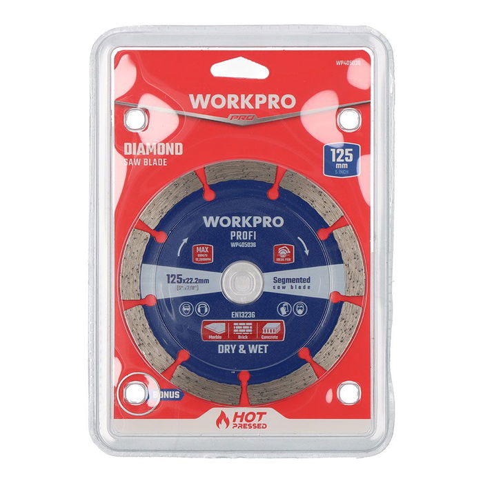 Workpro Disco Diamantado Segmentado Profi Ø125 x 22,2 mm para Piedra, Hormigón, Ladrillo y Teja. Corte Seco o Húmedo.