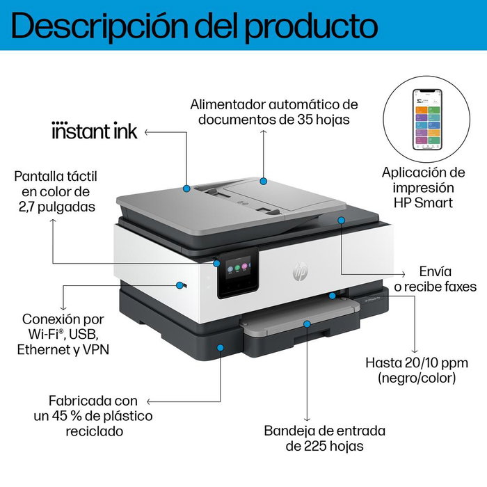 HP OfficeJet Pro 8132e All-in-One Multifunción 4en1 WiFi Duplex HP+ Impresora Tinta Color A4 LAN ADF Instant Ink 4800x1200 DPI Blanco y Negro 20 ppm Color 10 ppm