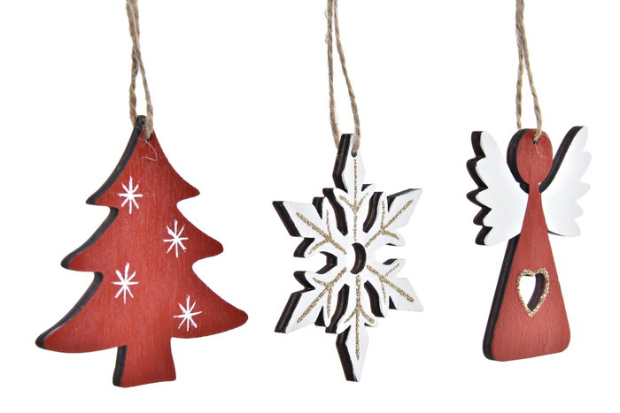 DKD Home Decor Set de 3 Decoraciones Colgantes de Navidad Tradicional MDF Rojo Blanco Natural 7.7x21x1.5 cm Surtido Aleatorio