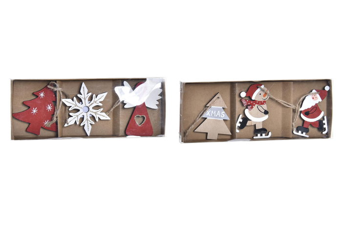 DKD Home Decor Set de 3 Decoraciones Colgantes de Navidad Tradicional MDF Rojo Blanco Natural 7.7x21x1.5 cm Surtido Aleatorio