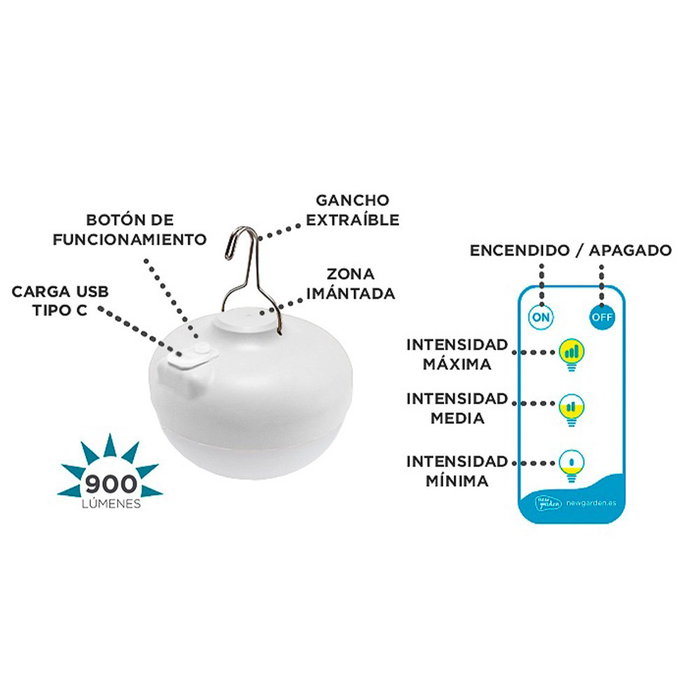 New Garden Cherry - Bombilla portátil recargable LED, luz cálida 3000K, 900 lúmenes, con imán y gancho, mando a distancia, autonomía 6-20h, carga USB-C, para exterior, Ø11x9 cm