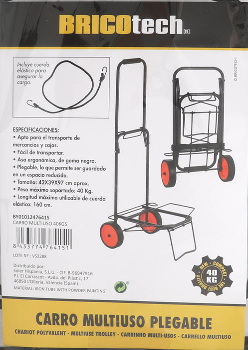 Bricotech Carro Multiuso 40 Kgs con Dimensiones 35 cm (ancho) x 13.9 cm (alto) x 58 cm (largo) y 9.36 Kg (4 Unidades)
