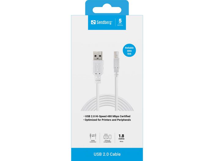 Sandberg Cable USB 2.0 Tipo A a Tipo B 1.8 m Conexión Estable para Impresoras y Discos Duros Externos Sandberg Cable USB 2.0 Tipo A a Tipo B 1.8 m Conexión Estable para Impresoras y Discos Duros Externos