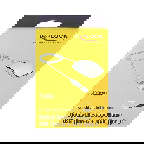 DeLOCK Ratón Óptico USB 12532, 4 Botones, 3200 DPI, Ambidiestro, Blanco, Con Cable USB Tipo A y Tipo C, Plug & Play para PC