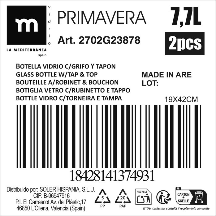 Inde Botella de vidrio 'Primavera' de 7.7 litros con grifo y tapón