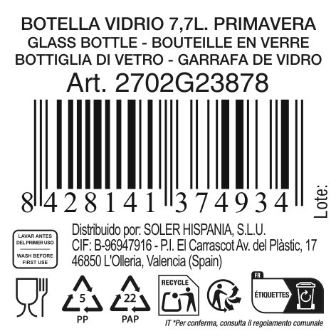 Inde Botella de vidrio 'Primavera' de 7.7 litros con grifo y tapón