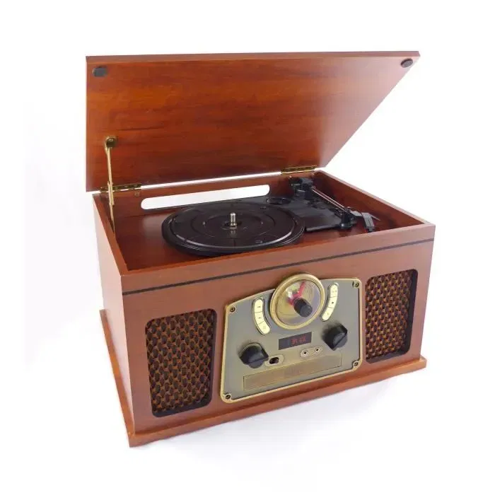 Inovalley RETRO10E-BTH-N Sistema Hi-Fi Retro Bluetooth, USB, Vinilos, CD, K7, Radio FM, Aux-In, Madera Envejecida