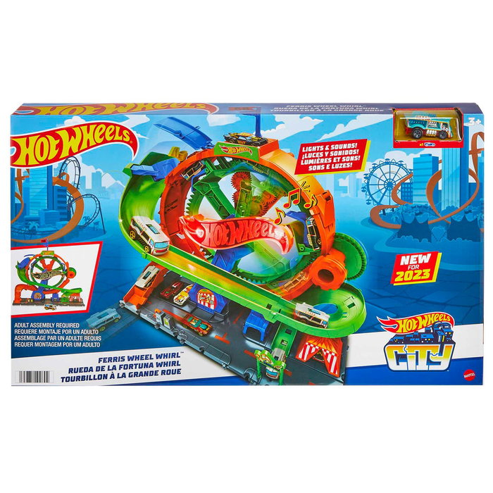 Hot Wheels Pista HKX46 Ferris Wheel Whirl con Rueda de la Fortuna Giratoria, Luces y Sonidos - Vehículo Incluido