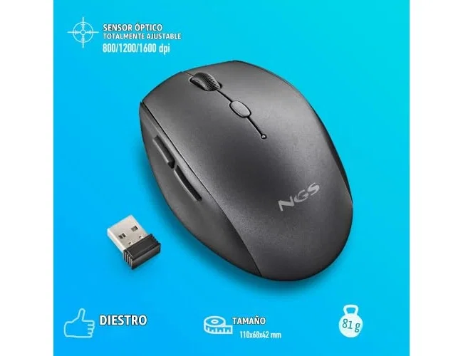 NGS Bee Black Ratón Inalámbrico Ergonómico