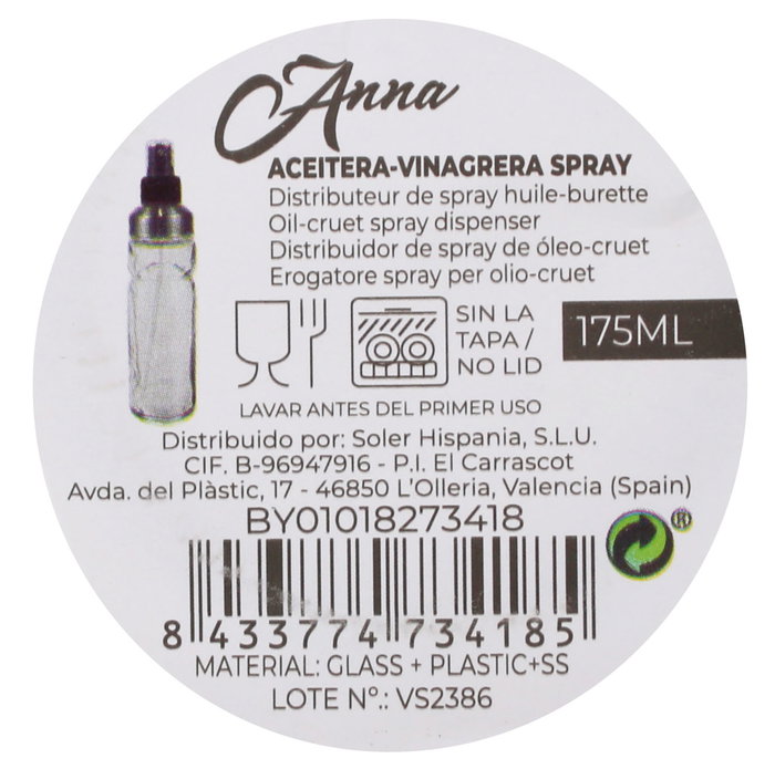 Anna Aceitera-Vinagrera Spray 175 ml con Medidas 4.6x4.6x19.5 cm (12 Unidades)