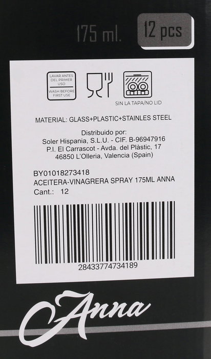 Anna Aceitera-Vinagrera Spray 175 ml con Medidas 4.6x4.6x19.5 cm (12 Unidades)