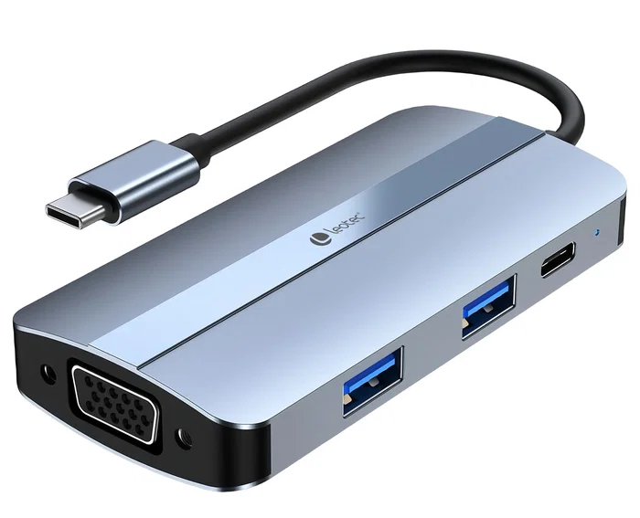Leotec LEDS04 Docking Station 7 en 1, Base para Portátil USB-C con Power Delivery 100W, HDMI, VGA, USB 3.0, USB 2.0 y Salida Audio 3.5 mm, Gris
