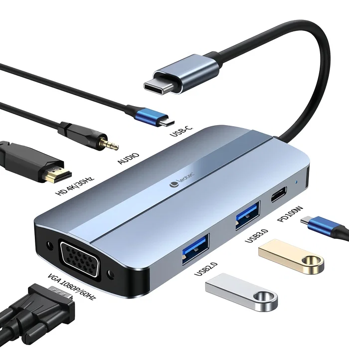 Leotec LEDS04 Docking Station 7 en 1, Base para Portátil USB-C con Power Delivery 100W, HDMI, VGA, USB 3.0, USB 2.0 y Salida Audio 3.5 mm, Gris