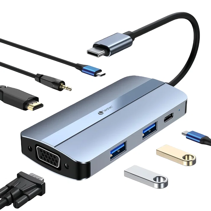 Leotec LEDS04 Docking Station 7 en 1, Base para Portátil USB-C con Power Delivery 100W, HDMI, VGA, USB 3.0, USB 2.0 y Salida Audio 3.5 mm, Gris