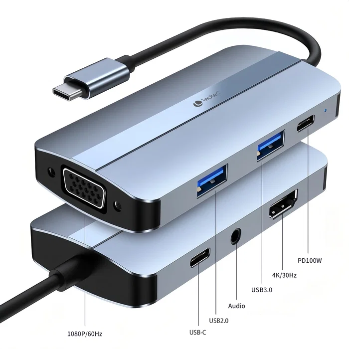 Leotec LEDS04 Docking Station 7 en 1, Base para Portátil USB-C con Power Delivery 100W, HDMI, VGA, USB 3.0, USB 2.0 y Salida Audio 3.5 mm, Gris