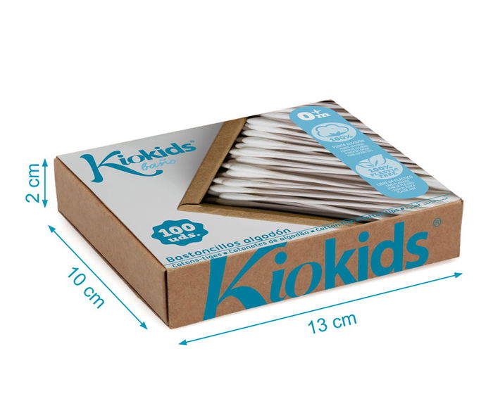 KioKids Bastoncillos de Algodón 100% Plástico Libre con Vara de Papel y Cartón, Caja 100 Unidades, Para +0 Meses