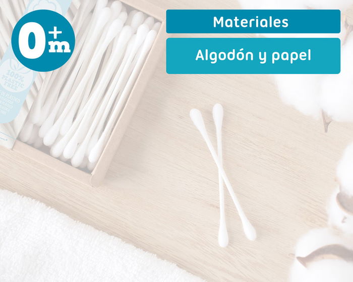 KioKids Bastoncillos de Algodón 100% Plástico Libre con Vara de Papel y Cartón, Caja 100 Unidades, Para +0 Meses