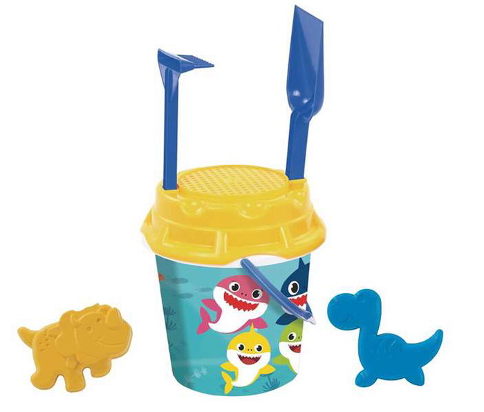AVC - Cubo de playa con temática de tiburones, incluye pala, rastrillo, cedazo y 2 figuras, 18 cm de diámetro AVC - Cubo de playa con temática de tiburones, incluye pala, rastrillo, cedazo y 2 figuras, 18 cm de diámetro