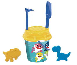 AVC - Cubo de playa con temática de tiburones, incluye pala, rastrillo, cedazo y 2 figuras, 18 cm de diámetro