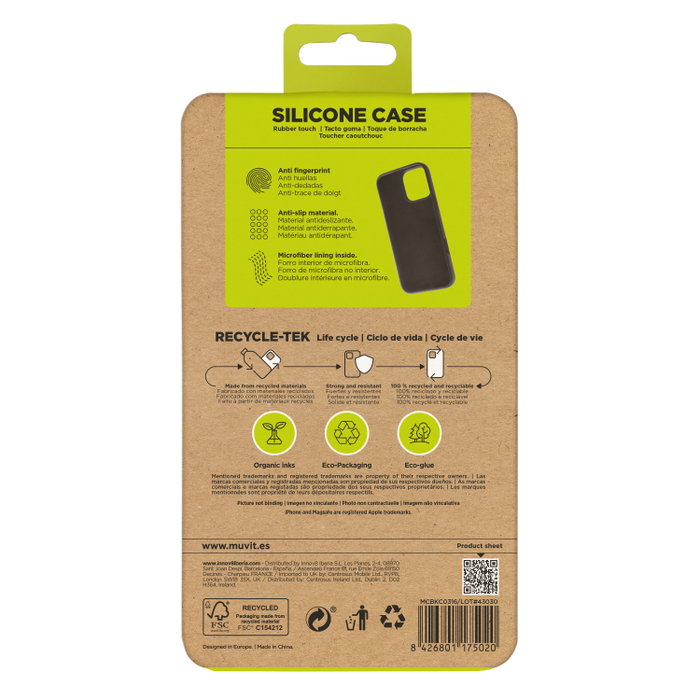 Muvit Funda Recycletek Liquid Silicone para Apple - Eco, Certificado GRS, Silicona Reciclada, Protección Antigolpes y Anti-huellas, Forro Microfibra, Eco Packaging
