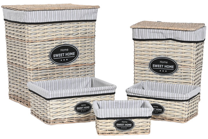 DKD Home Decor Set de 5 Cestas para la Ropa de Mimbre y Tela, Natural