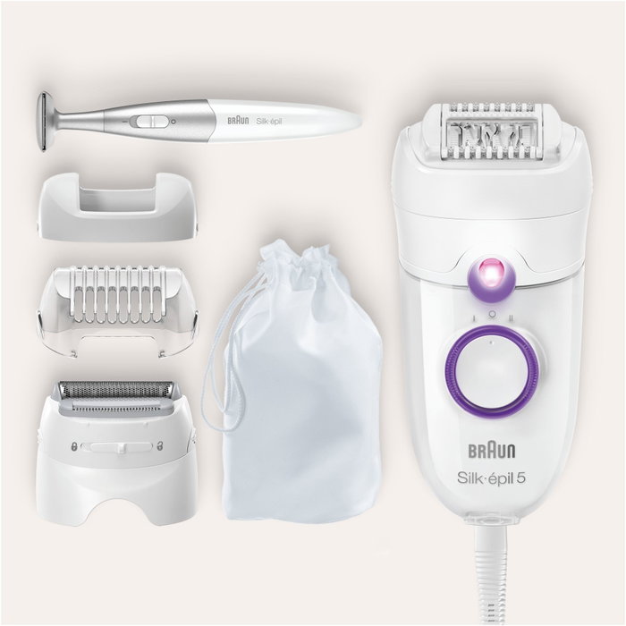 Braun Silk-épil 5 5-825 Power Epilador Eléctrico con 28 Pinzas MicroGrip, Blanco y Púrpura