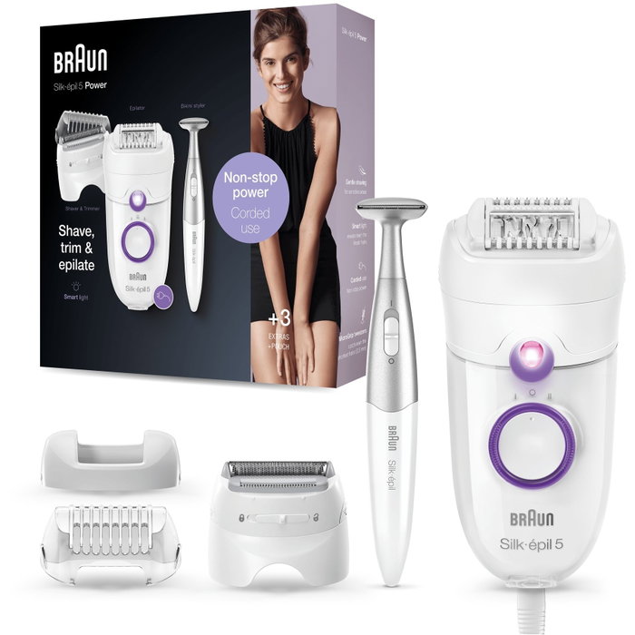 Braun Silk-épil 5 5-825 Power Epilador Eléctrico con 28 Pinzas MicroGrip, Blanco y Púrpura