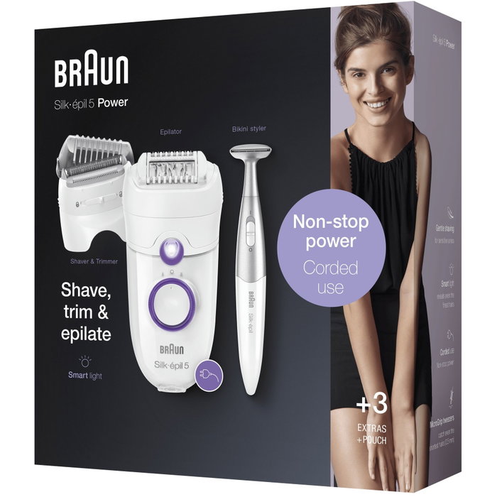 Braun Silk-épil 5 5-825 Power Epilador Eléctrico con 28 Pinzas MicroGrip, Blanco y Púrpura