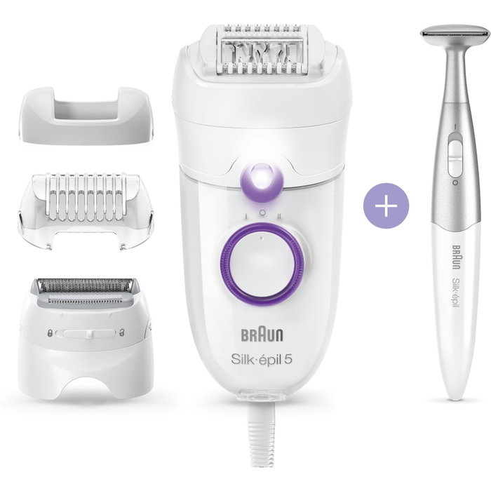 Braun Silk-épil 5 5-825 Power Epilador Eléctrico con 28 Pinzas MicroGrip, Blanco y Púrpura