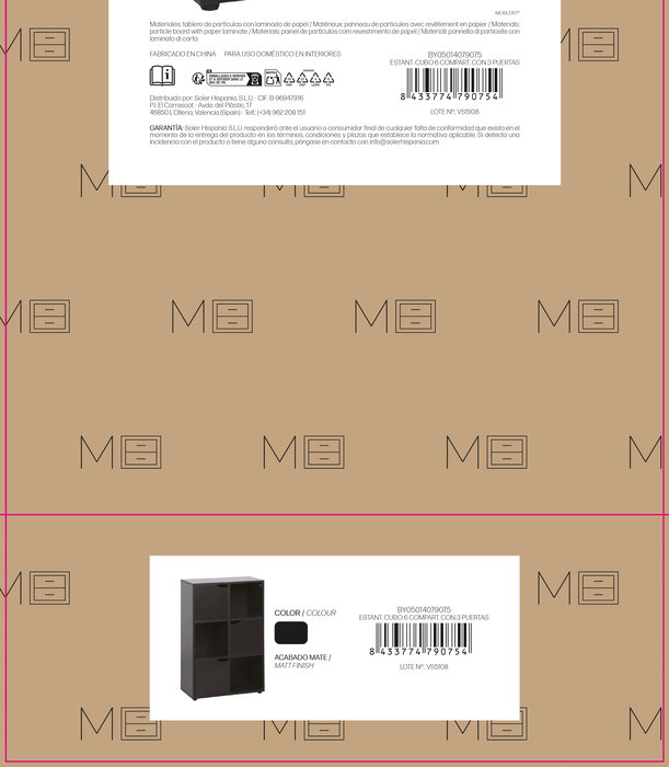 Inde - Estante Cubo con 3 Puertas y 6 Compartimentos, Mueble para Almacenamiento, 60 x 29 x 90 cm
