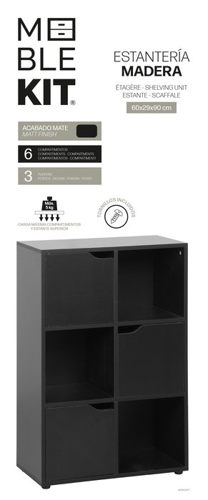 Inde - Estante Cubo con 3 Puertas y 6 Compartimentos, Mueble para Almacenamiento, 60 x 29 x 90 cm