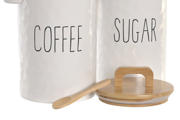 DKD Home Decor Set de 2 Botes de Porcelana y Bambú con Cuchara