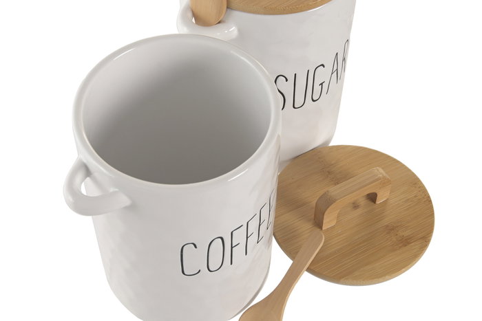 DKD Home Decor Set de 2 Botes de Porcelana y Bambú con Cuchara