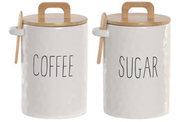 DKD Home Decor Set de 2 Botes de Porcelana y Bambú con Cuchara