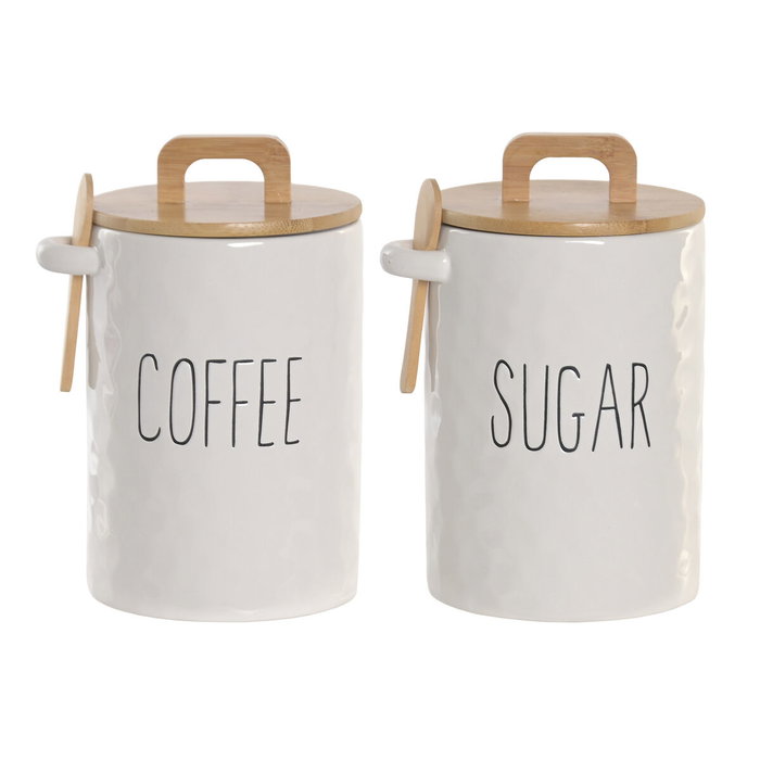 DKD Home Decor Set de 2 Botes de Porcelana y Bambú con Cuchara