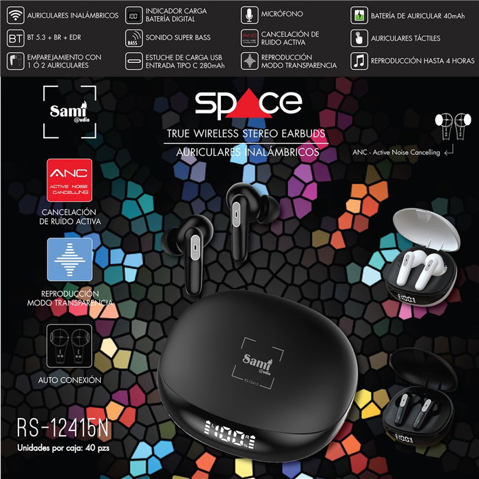 SAMI Auriculares TWS Space ANC con Cancelación de Ruido, Batería 40 mAh, Cargador 280 mAh