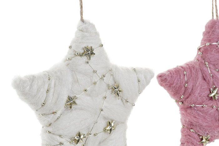 DKD Home Decor Decoracion Colgante Navidad Fantasia Blanco Rosa Palo Dorado Lana Estrella 2.5 x 14 x 15 cm (6 Unidades)