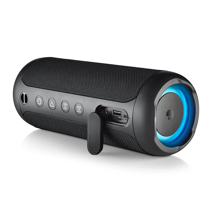 NGS Altavoz Bluetooth Portátil Roller Furia 2, Estéreo, 30W PMPO, Impermeable IPX7, Luces RGB, Radio FM, Batería Recargable, Color Negro