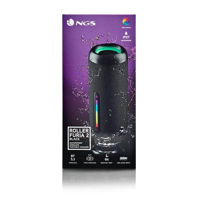 NGS Altavoz Bluetooth Portátil Roller Furia 2, Estéreo, 30W PMPO, Impermeable IPX7, Luces RGB, Radio FM, Batería Recargable, Color Negro
