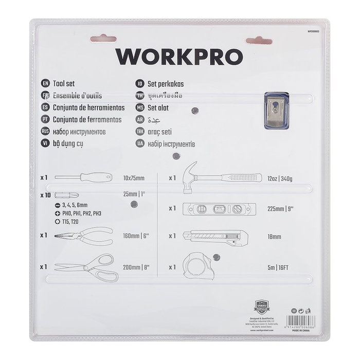 Workpro Juego de herramientas 17 piezas con martillo de garra, nivel, alicate, tijera, cúter y cinta métrica