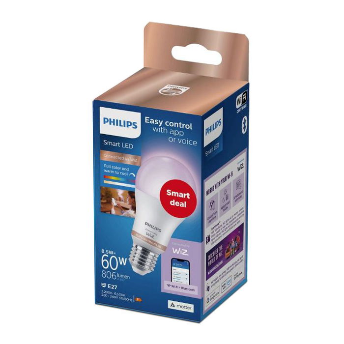 Wiz Philips Bombilla LED Inteligente E27 8.5W RGB Full Colors 806 lm 2200-6500K Wifi Control por Voz