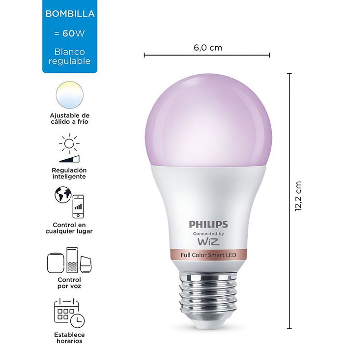 Wiz Philips Bombilla LED Inteligente E27 8.5W RGB Full Colors 806 lm 2200-6500K Wifi Control por Voz