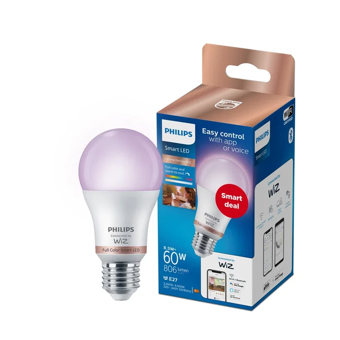 Philips 929003601062 Bombilla LED Inteligente E27 A60 8,5W WiFi/Bluetooth, Cambio de Color Blanco Cálido a Frío (2200-6500K), 806 lm, Regulable