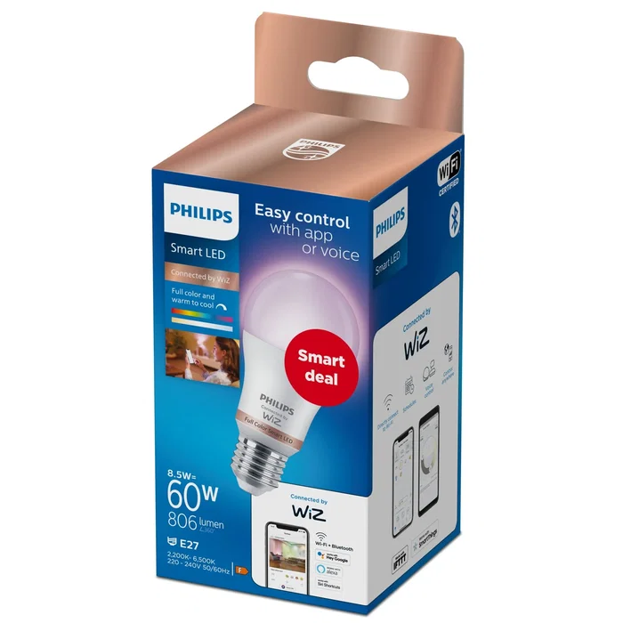 Philips 929003601062 Bombilla LED Inteligente E27 A60 8,5W WiFi/Bluetooth, Cambio de Color Blanco Cálido a Frío (2200-6500K), 806 lm, Regulable
