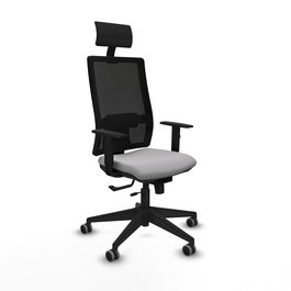 Silla de oficina Horna con mecanismo Sincro/Traslack tapizada con Tela color Gris claro y malla color Negro. Equipada con lumbar 1D, Brazos 1D, Cabecero Fijo y Ruedas 65 mm parqué