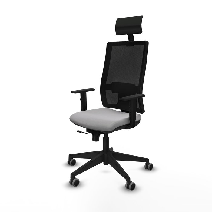 Silla de oficina Horna con mecanismo Sincro/Traslack tapizada con Tela color Gris claro y malla color Negro. Equipada con lumbar 1D, Brazos 1D, Cabecero Fijo y Ruedas 65 mm parqué