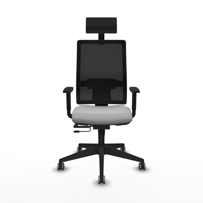 Silla de oficina Horna con mecanismo Sincro/Traslack tapizada con Tela color Gris claro y malla color Negro. Equipada con lumbar 1D, Brazos 1D, Cabecero Fijo y Ruedas 65 mm parqué