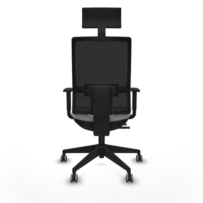 Silla de oficina Horna con mecanismo Sincro/Traslack tapizada con Tela color Gris claro y malla color Negro. Equipada con lumbar 1D, Brazos 1D, Cabecero Fijo y Ruedas 65 mm parqué