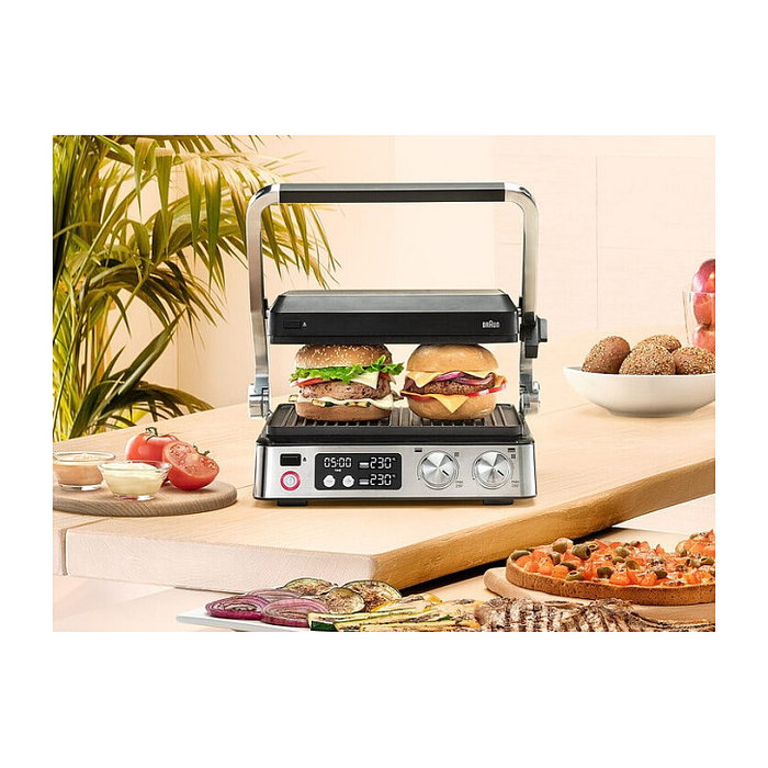 Braun CG 7040 Contact Grill MultiGrill 7, Grill de Contacto 2000W 6 Personas, Placas de Hierro Fundido Desmontables, Antiadherente, Negro y Acero Inoxidable